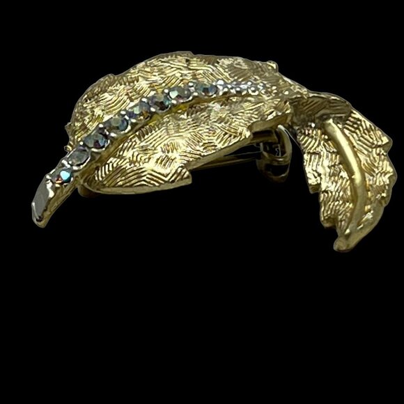 Vintage‎ AB Leaf Brooch Brushed Gold Tone Pin with Aurora Borealis Stones - Picture 8 of 10